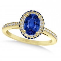 Oval Lab Blue Sapphire & Diamond Halo Engagement Ring 14k Yellow Gold 2.00ct