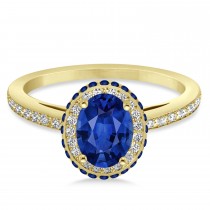 Oval Lab Blue Sapphire & Diamond Halo Engagement Ring 14k Yellow Gold 2.00ct