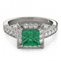 Princess Emerald & Diamond Engagement Ring 14K White Gold (2.25ct)