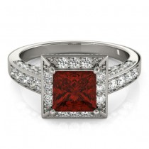 Princess Garnet & Diamond Engagement Ring 18K White Gold (1.20ct)