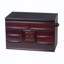 Dark Walnut Finish Wooden Jewelry Box. Drawers, Ring Rolls, Mirror