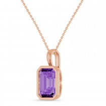 Emerald Cut Lab Grown Purple Sapphire Bezel Set Pendant Necklace 14K Rose Gold (4.48ct)