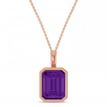 Emerald Cut Amethyst Bezel Set Pendant Necklace 14K Rose Gold (3.12ct)