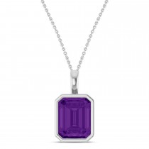 Emerald Cut Amethyst Bezel Set Pendant Necklace Sterling Silver (3.12ct)