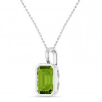 Emerald Cut Peridot Bezel Set Pendant Necklace Sterling Silver (3.63ct)