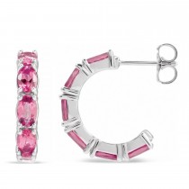 Oval Pink Tourmaline Hoop Earrings in Sterling Silver (3.24ct)
