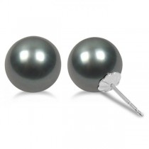 Cultured Black Tahitian Pearl Stud Earrings 14K White Gold 11-12mm