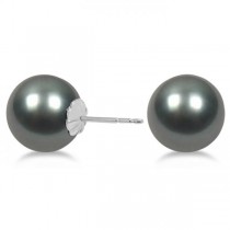 Cultured Black Tahitian Pearl Stud Earrings 14K White Gold 11-12mm