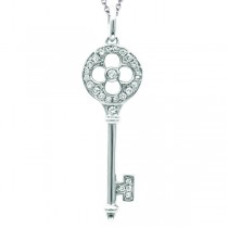 Diamond Clover Key Pendant Necklace in 14k White Gold (0.13ct)
