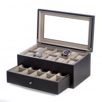 Matte Wood 20 Watch Box w/ Glass Top & Drawer & Pillows