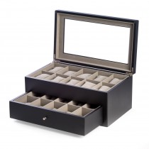 Matte Wood 20 Watch Box w/ Glass Top & Drawer & Pillows
