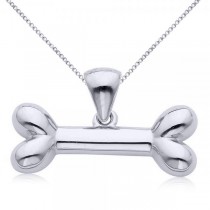 Dog Bone Pendant Necklace in Plain Metal 14k White Gold