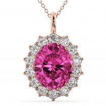 Oval Pink Tourmaline & Diamond Halo Pendant Necklace 14k Rose Gold (6.40ct)