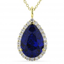 Halo Blue Sapphire & Diamond Pear Shaped Pendant Necklace 14k Yellow Gold (8.34ct)