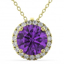 Halo Round Amethyst & Diamond Pendant Necklace 14k Yellow Gold (2.09ct)