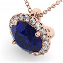 Halo Blue Sapphire & Diamond Pendant Necklace 14k Rose Gold (2.59ct)