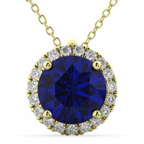 Halo Blue Sapphire & Diamond Pendant Necklace 14k Yellow Gold (2.59ct)
