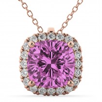 Halo Pink Sapphire Cushion Cut Pendant Necklace 14k Rose Gold (2.02ct)