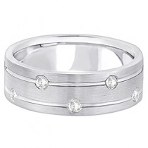 Mens Wide Band Diamond Wedding Ring w/ Grooves 18k White Gold (0.40ct)