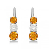 Three-Stone Leverback Diamond & Citrine Earrings 14k White Gold (2.00ct)