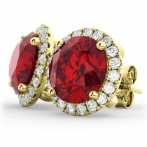 Halo Round Lab Ruby & Diamond Earrings 14k Yellow Gold (5.17ct)