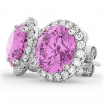 Halo Round Pink Sapphire & Diamond Earrings 14k White Gold (5.17ct)