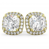 Halo Cushion Cut Lab Grown Diamond Stud Earrings 14k Yellow Gold (3.10ct)