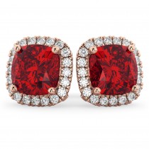 Halo Cushion Lab Ruby & Diamond Earrings 14k Rose Gold (4.04ct)