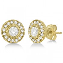 Vintage Diamond Halo Stud Earrings Bezel Set 14k Yellow Gold (0.77ct)