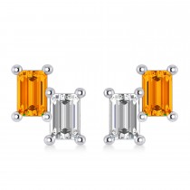 Bar Citrine & Diamond Baguette Earrings 14k White Gold (1.30 ctw)