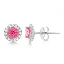 Halo Pink Tourmaline & Diamond Stud Earrings 14k White Gold (0.65ct)