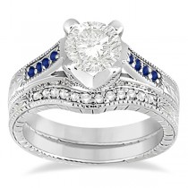Pave Antique Blue Sapphire & Diamond Bridal Set Platinum (0.60ct)