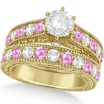 Antique Diamond & Pink Sapphire Bridal Ring Set 18k Yellow Gold (3.87ct)