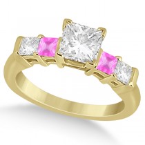 5 Stone Diamond & Pink Sapphire Engagement Ring 14K Yellow Gold 0.46ct