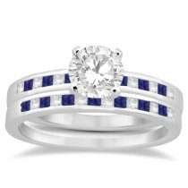 Princess Diamond & Blue Sapphire Bridal Ring Set 14k White Gold (0.54ct)