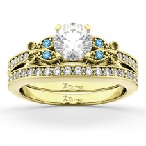 Butterfly Diamond &  Blue Topaz Bridal Set 14k Yellow Gold (0.42ct)