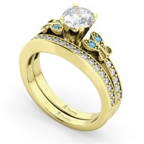 Butterfly Diamond &  Blue Topaz Bridal Set 14k Yellow Gold (0.42ct)