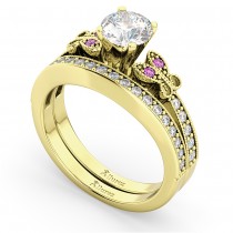 Butterfly Diamond & Pink Sapphire Bridal Set 14k Yellow Gold (0.42ct)