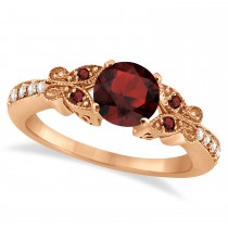 Butterfly Genuine Garnet & Diamond Engagement Ring 14K Rose Gold 0.88ct