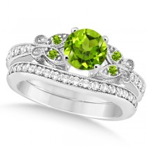 Butterfly Genuine Peridot & Diamond Bridal Set Palladium (1.33ct)