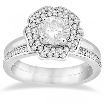 Halo Diamond Floral Engagement Ring and Band 14k White Gold (0.48ct)