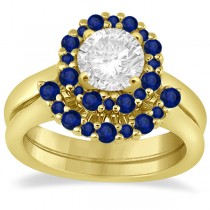 Halo Blue Sapphire Engagement Ring & Band 14K Yellow Gold (1.08ct)