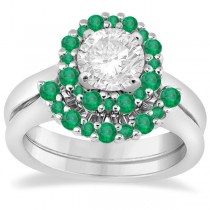 Halo Green Emerald Engagement Ring & Band 14K White Gold (1.08ct)