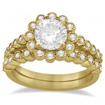 Diamond Halo Flower Engagement Ring & Wedding Band 14k Yellow Gold (0.53ct)