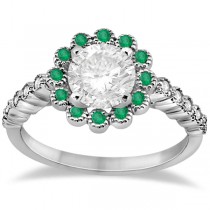 Flower Diamond and Emerald Engagement Ring 14k White Gold (0.45ct)