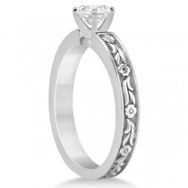 Hand-Carved Flower Design Solitaire Engagement Ring in 18k White Gold