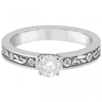 Hand-Carved Flower Design Solitaire Engagement Ring in 18k White Gold