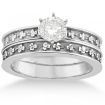 Carved Clover Engagement Ring & Wedding Band Bridal Set Platinum