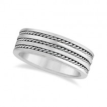 Men's Wide Flat Handmade Rope Wedding Ring 14k White Gold (8mm)