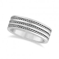 Mens Wide Flat Handmade Rope Wedding Ring 18k White Gold (8mm)